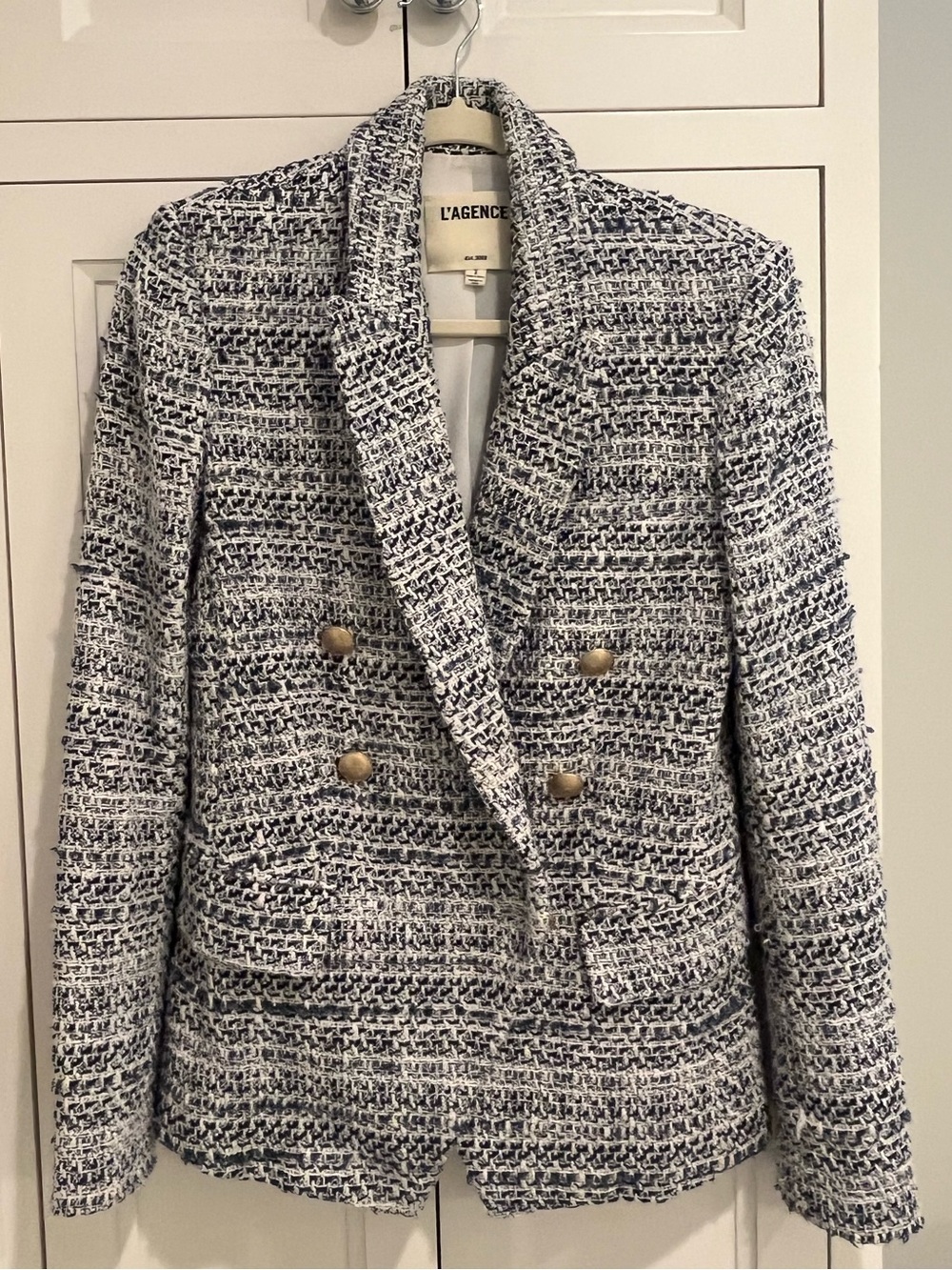 L’Agence Kenzie Blue/Cream Tweed Boucle Blazer Size 2